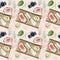 Hand drawn watercolor seamless pattern of summer picnic elements. Food, eating