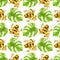 Hand drawn watercolor seamless pattern with tree frogs and monstera leaves. Stock illustration with colorful plants and amphibians