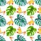Hand drawn watercolor seamless pattern with tree frogs and monstera leaves. Stock illustration with colorful plants and amphibians