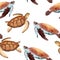 Hand drawn watercolor seamless pattern with turtle tortoise. Sea ocean marine animal, nautical underwater endangered