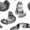 Hand drawn watercolor seamless pattern with vintage gray color fur cats on white background.