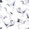 Hand-drawn watercolor seamless pattern with white Japanese dancing cranes