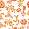 Hand drawn watercolor seamless pattern of yellow orange red viruses and bacteria isolated set. Microscopic cell illness