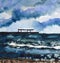 Hand drawn watercolor seascape. Dark blue and grey cloudy, stormy sky. Sea and ocean. Sandy beach. For post card, print and poster