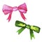 Hand drawn watercolor set of pink , green bows and ribbons of different shapes.