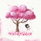 Hand drawn watercolor smiling japanese girl riding on a swing. Sakura tree, petals and birds.