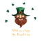 Hand-drawn watercolor smiling leprechaun with a red beard in a green hat. Isolated on white background