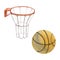 Hand drawn watercolor sports gear equipment, basketball basket and orange ball. Illustration isolated single object on