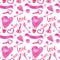 Hand drawn watercolor St Valentines Day seamless pattern with pink balloon, hearts, arrows ,keys, balls on white background.