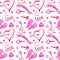Hand drawn watercolor St Valentines Day seamless pattern with pink  hearts, arrows, angel wings, keys, balls on white background.