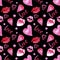 Hand drawn watercolor St Valentines Day seamless pattern with pink  hearts, lips ,gift, balls, love, gemstone on black  background