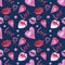 Hand drawn watercolor St Valentines Day seamless pattern with pink  hearts, lips ,gift, balls, love, gemstone on blue classic  bac