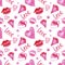 Hand drawn watercolor St Valentines Day seamless pattern with pink  hearts, lips ,gift, balls, love, gemstone on white background.