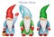 Hand drawn watercolor three Christmas gnomes with big beard and nose, waving hand, lantern. Isolated on white background. Happy