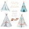 Hand drawn watercolor tribal teepee, isolated white campsite tent. Boho America traditional wigwam native ornament