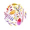 Hand drawn watercolor wreath of forest leaves, flowers, fruits and berries. Hello fall. Autumn abstract branches. Mapple