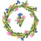 Hand drawn watercolor wreath made of meadow wildflowers: blue cornflowers, wild field herbs isolated on white.