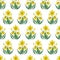 Hand drawn watercolor yellow abstract daffodil bouquet seamless pattern on white background. Gift-wrapping, textile, fabric,