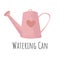 Hand drawn Watering can vector icon in flat cartoons style. Pink Gardening watering pot with heart