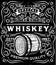 Hand drawn whiskey label with wooden barrel and floral calligraphic elements