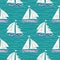 Hand drawn white and blue textured sail boats on striped doodle wave turquoise background. Seamless vector pattern