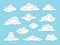 Hand drawn white clouds. Isolated doodle cloud, vintage engraving sky elements. Weather heaven collection, art
