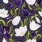 Hand-drawn white, purple realistic tulips flowers and green leaves seamless pattern on dark background.