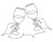 Hand drawn wine clinking glasses one line art,continuous drawing contour.Cheers toast festive decoration for holidays,romantic