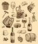 Hand drawn wine set. Engraving images of bottle and wineglasses, bunch of grapes and sliced cheese, corkscrew and wooden