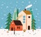 Hand drawn winter landscape with houses, trees and snowflakes vector flat illustration. Colorful rustic buildings