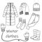 Hand drawn winter wardrobe illustration. Design for stickers, print, decor. Illustration of winter clothes in doodle style. Vector