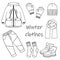 Hand drawn winter wardrobe illustration. Design for stickers, print, decor. Illustration of winter clothes in doodle style. Vector