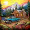 Hand-drawn wood cabin in the wooded mountains with a blue pickup truck parked outside, AI-generated.