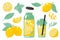 Hand drawn yellow lemon. Summer cold lemonade with slices of lemon bottle glass and straw. Vector doodle set of lemons