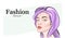 Hand-drawn young beautiful girl with nude makeup and unusual purple hair. Fashion illustration of a stylish look.