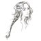 Hand drawn young women with long scythe, vector outline illustration