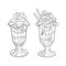 Hand drawn yummy summer food in a glass on white isolated background. Ice cream with different tastes and strawberry slices.