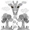 Hand drawn zen tangle monochrome stylized tree, giraffe stock vector illustration for web
