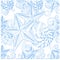 Hand drawn zentangle style shellfish, starfish seamless blue on white pattern