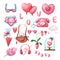 Hand drawnn pink watercolor valentine`s day set