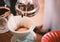 Hand drip coffee, barista pouring water on coffee ground