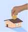 Hand dropping putting golden coin in to home clean vector illustration finance money concept own home concept isolated white backg