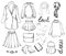Hand drwan set of isolated elements of female clothing and accessories in graphic on white background. Unique pretty
