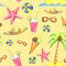 Hand drwan watercolor summer seamless pattern with elements on yellow background - palm, sunglasses, ice cream, ball, starfish,