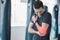 Hand, elbow pain and injury with the arm of a man in red highlight during a fitness workout. Healthcare, medical and