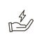 hand and electricity vector thin line outline icon illustration. Image for electricity, saving energy, sustainability, renewable