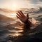 hand emerges from the water, surrounded by sea waves and illuminated by sun rays. It symbolizes a cry for help