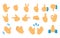 Hand emoticon. Social media gesture icons. Thumb up and waving arms. Fist victory signs. Open palm and pointing finger