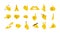 Hand emoticons. Yellow arms and fists with gestures of open palm, prey, like or dislike, victory and muscle. Vector