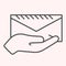 Hand with envelope thin line icon. Holding mail letter in arm. Postal service vector design concept, outline style
